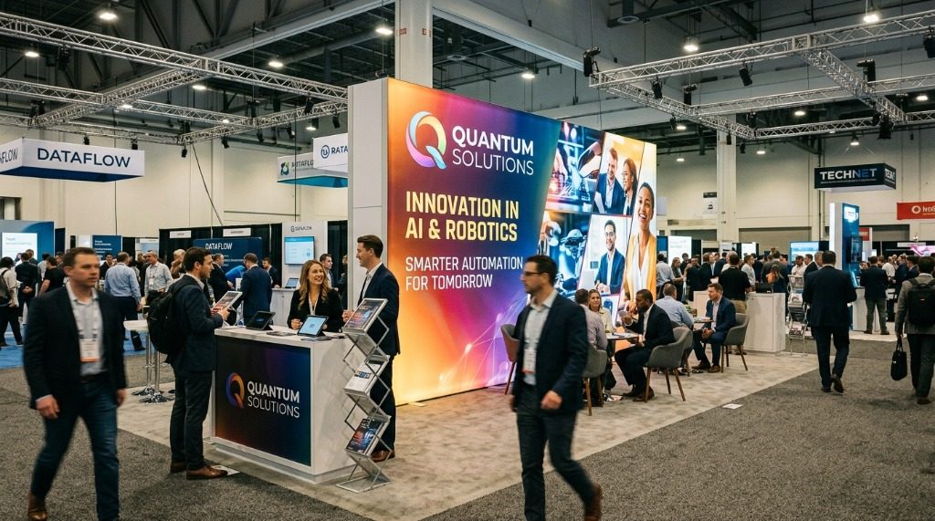 Illuminated trade show exhibition booth with high-resolution silicone edge graphic backlit fabric wall