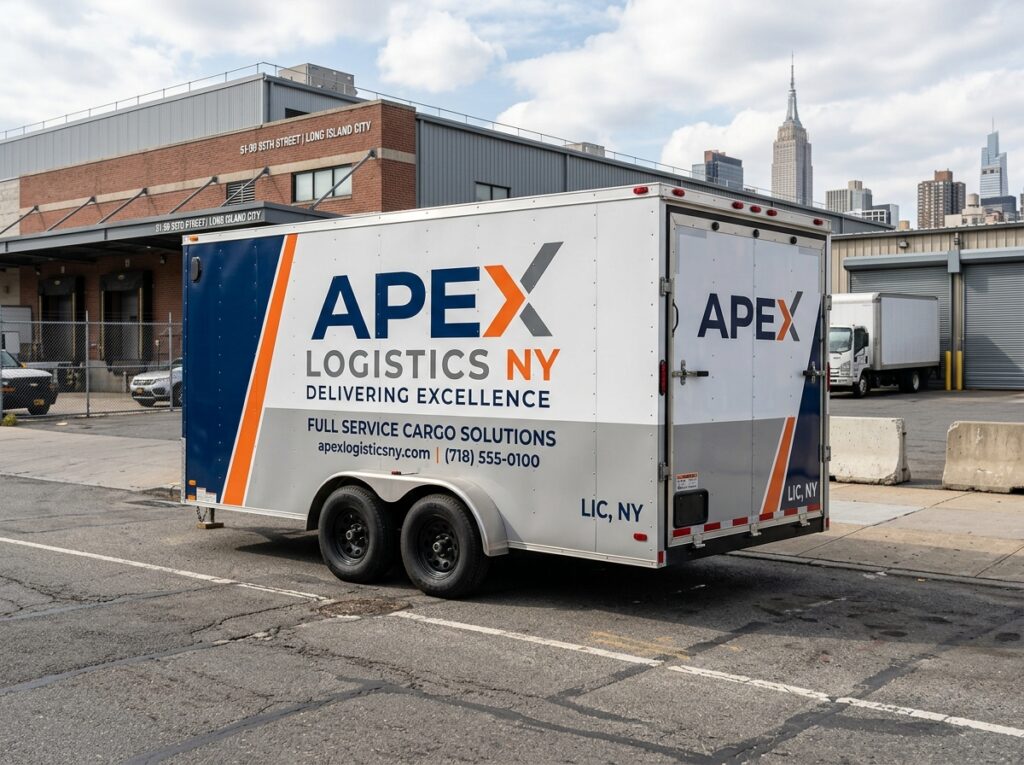Dual-axle enclosed commercial cargo trailer with full corporate vinyl wrap parked in Long Island City