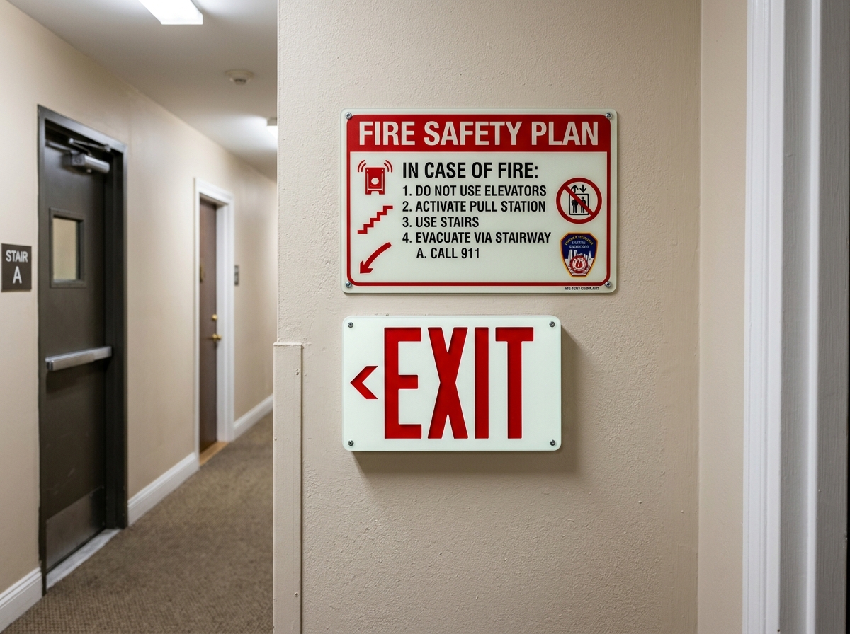 DSLR photograph of NYC FDNY fire safety plan sign and photoluminescent glow exit sign