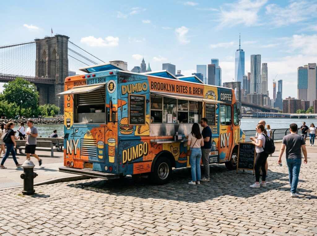 Artisan gourmet food truck with custom full vinyl graphics parked in DUMBO Brooklyn with NYC skyline