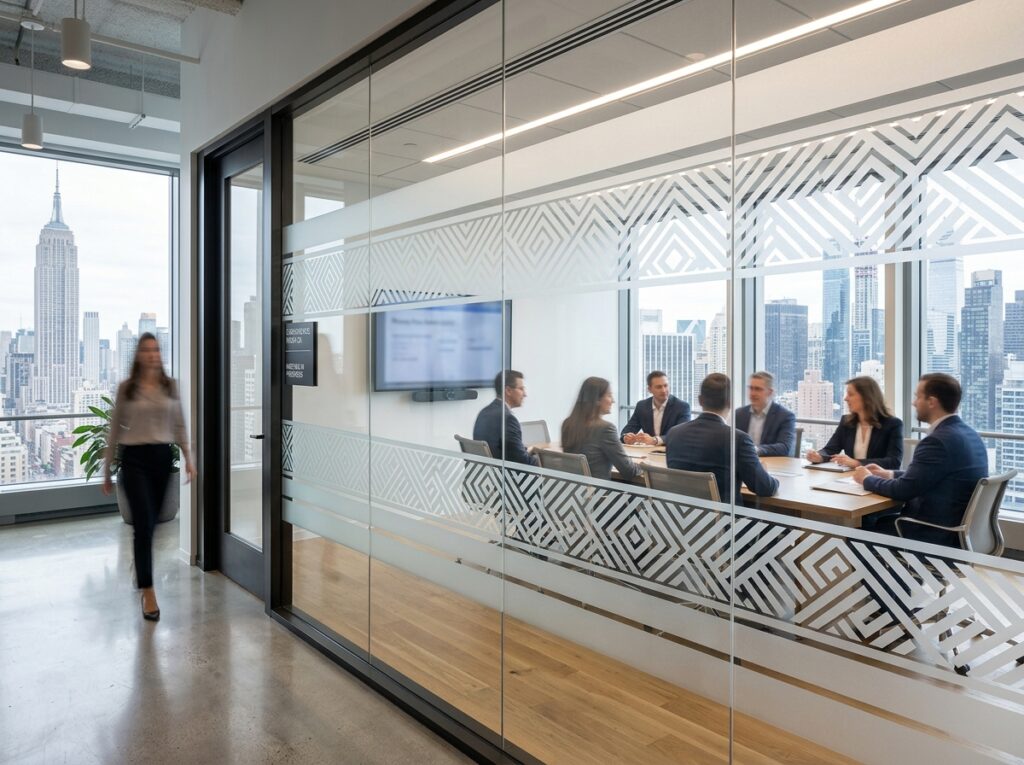 DSLR photograph of frosted privacy window tint film on office glass conference room