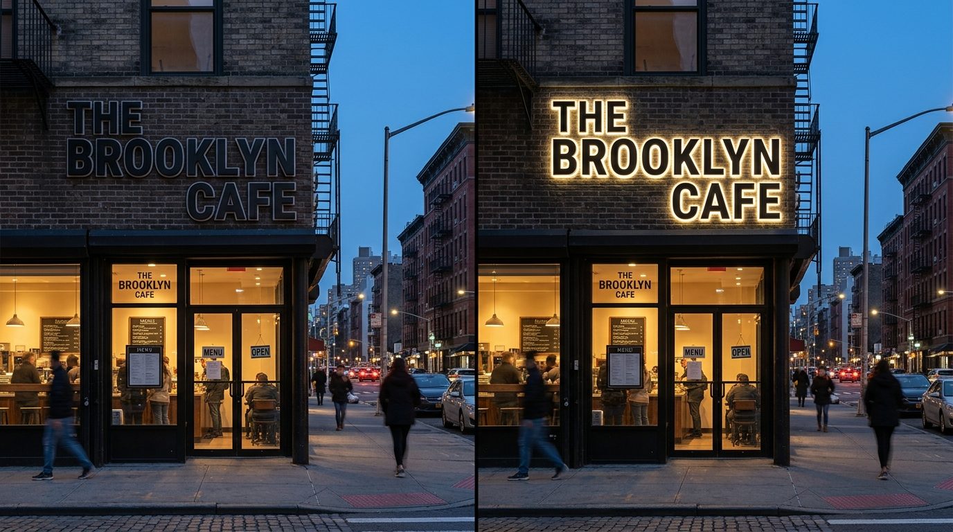 Gold mirror electroplated stainless steel halo-lit channel letters above boutique hotel entrance Upper East Side