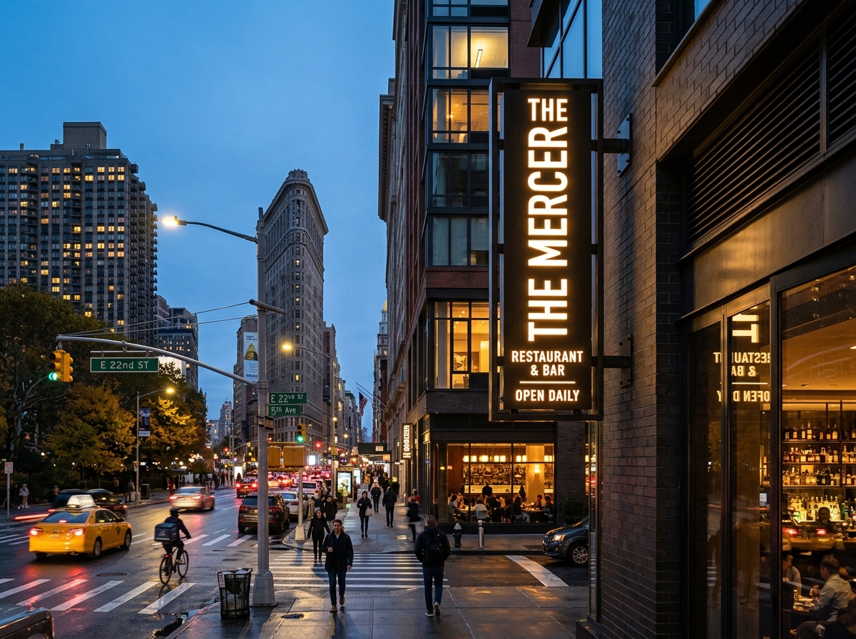 Camera photograph of illuminated push-through LED blade sign glowing at dusk in Manhattan NYC