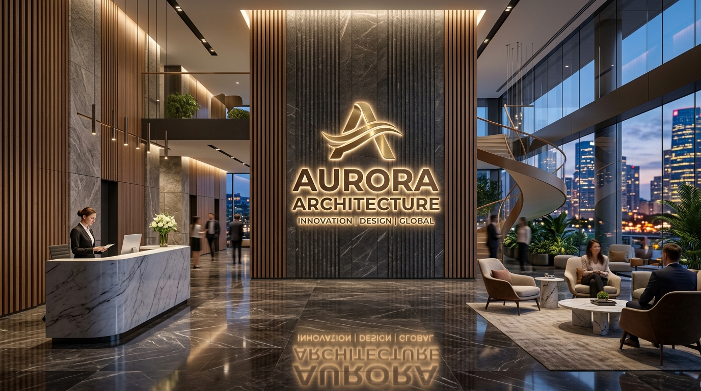 camera clicked luxury architectural 3D illuminated lobby logo sign in Manhattan corporate office