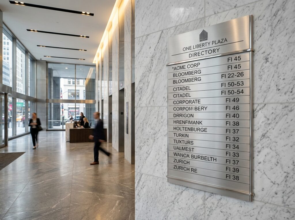 DSLR photograph of brushed aluminum metal building directory board in corporate lobby