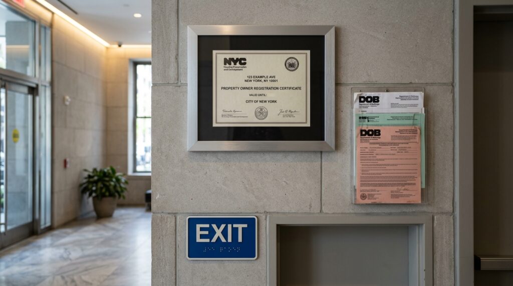 Certified brushed aluminum NYC HPD property owner certificate frame and DOB building signage
