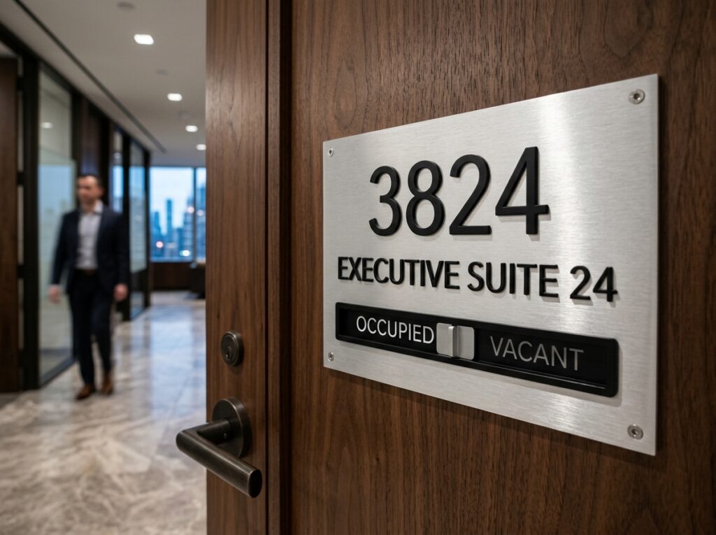 Camera photograph of office door signs NYC sliding privacy door plaque on walnut door