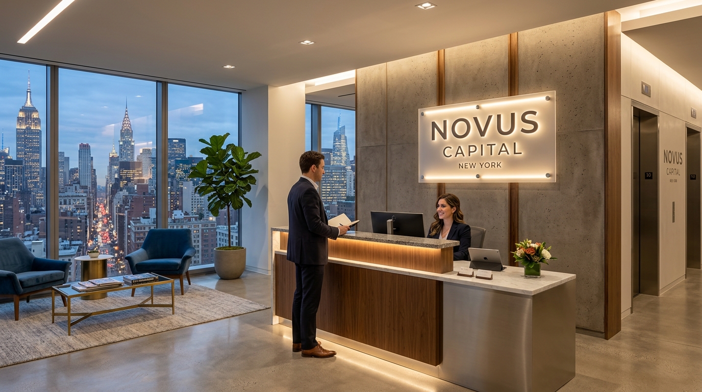 Modern corporate reception office with floating frosted acrylic logo sign mounted with standoffs
