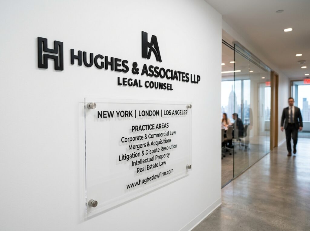 DSLR photograph of office wall signs NYC acrylic plaque with standoff pins
