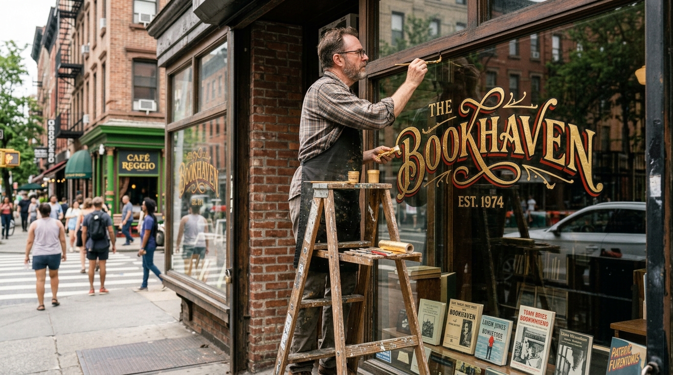 Artisan sign painter hand lettering vintage gold foil script on boutique glass storefront in Greenwich Village NYC