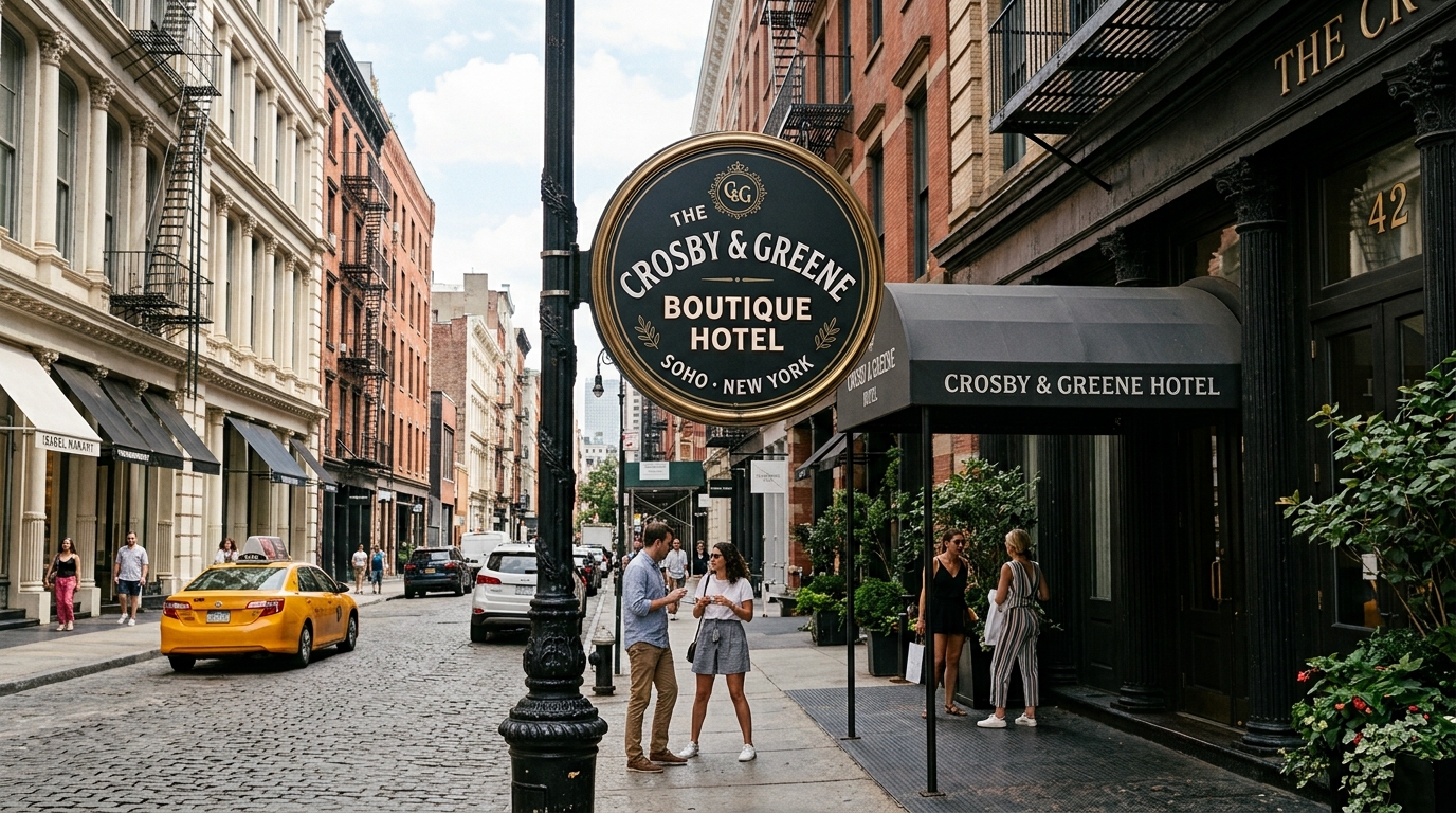 Double sided architectural lollipop pole sign mounted on sidewalk post outside boutique hotel in Soho NYC