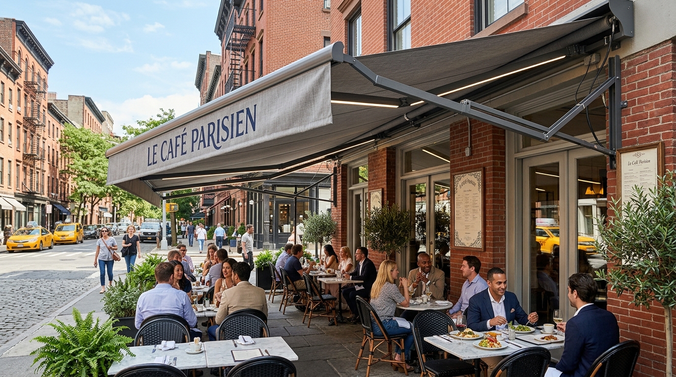 Motorized commercial retractable storefront awning extending over outdoor cafe patio in NYC