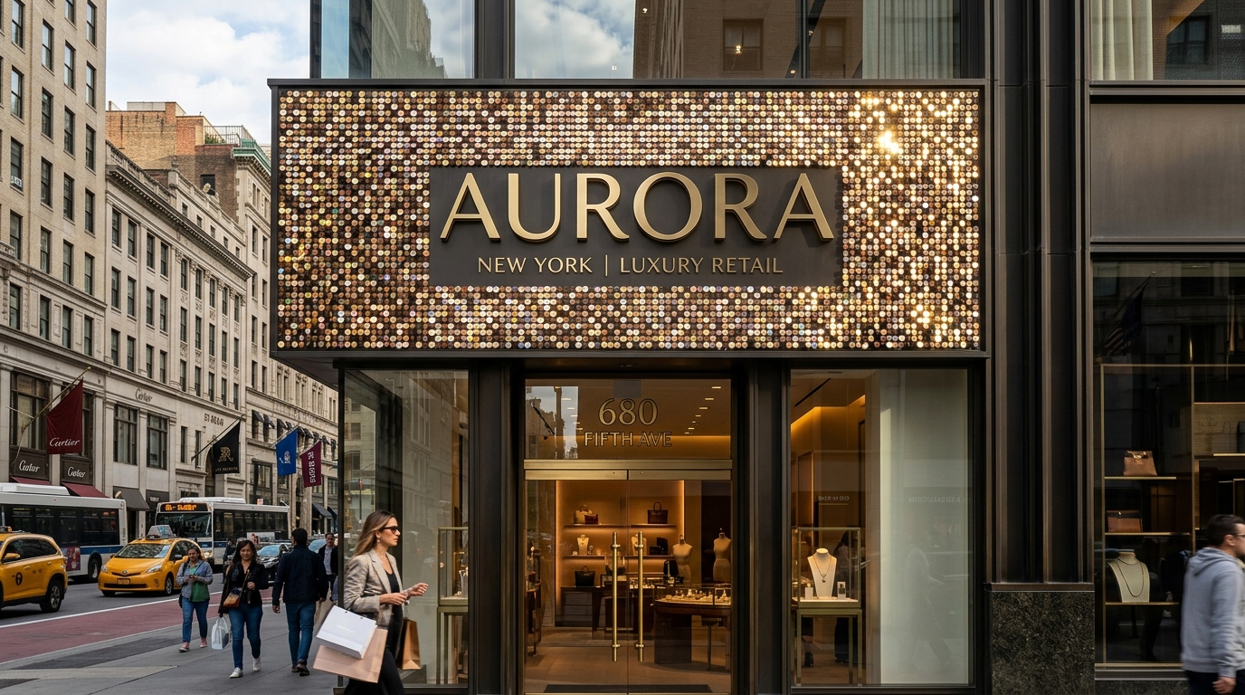 Dynamic wind activated shimmering metallic sequin sign panel on luxury NYC retail storefront