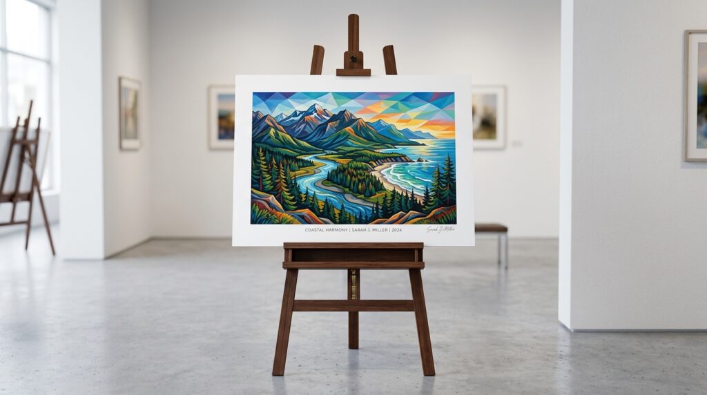 High-resolution museum grade foam board mounted poster print on clean gallery studio easel