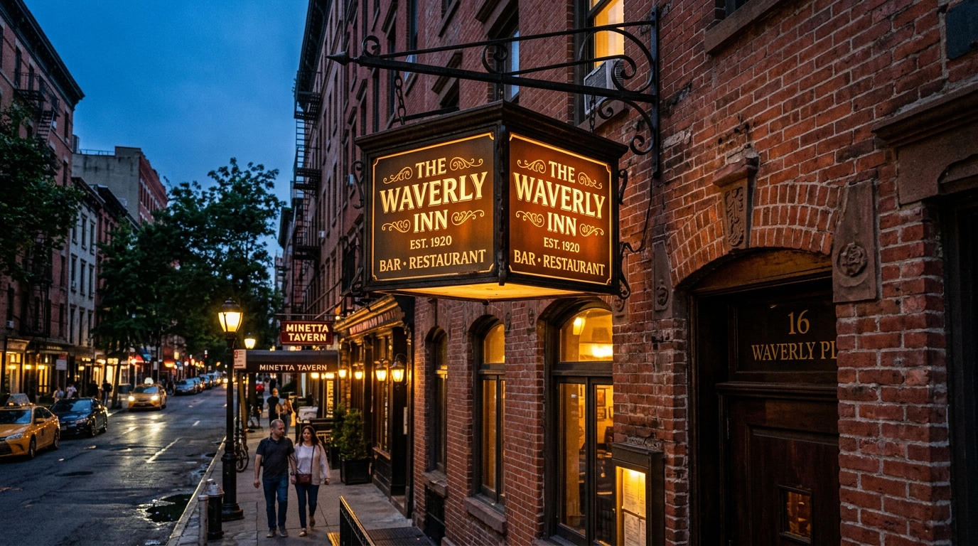 Double-sided illuminated projecting blade sign with warm vintage glow mounted on brick facade