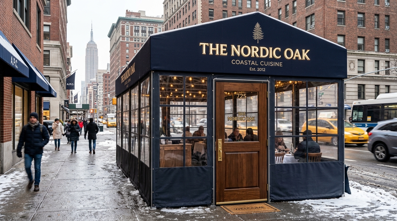 Custom commercial restaurant winter vestibule enclosure with heavy-duty vinyl windows