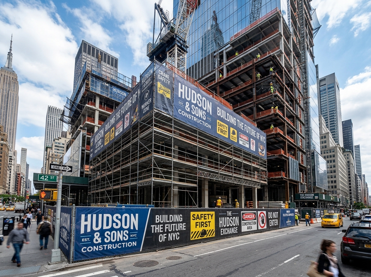 DSLR photograph of printed construction mesh fence banners and scaffolding graphics on NYC building site