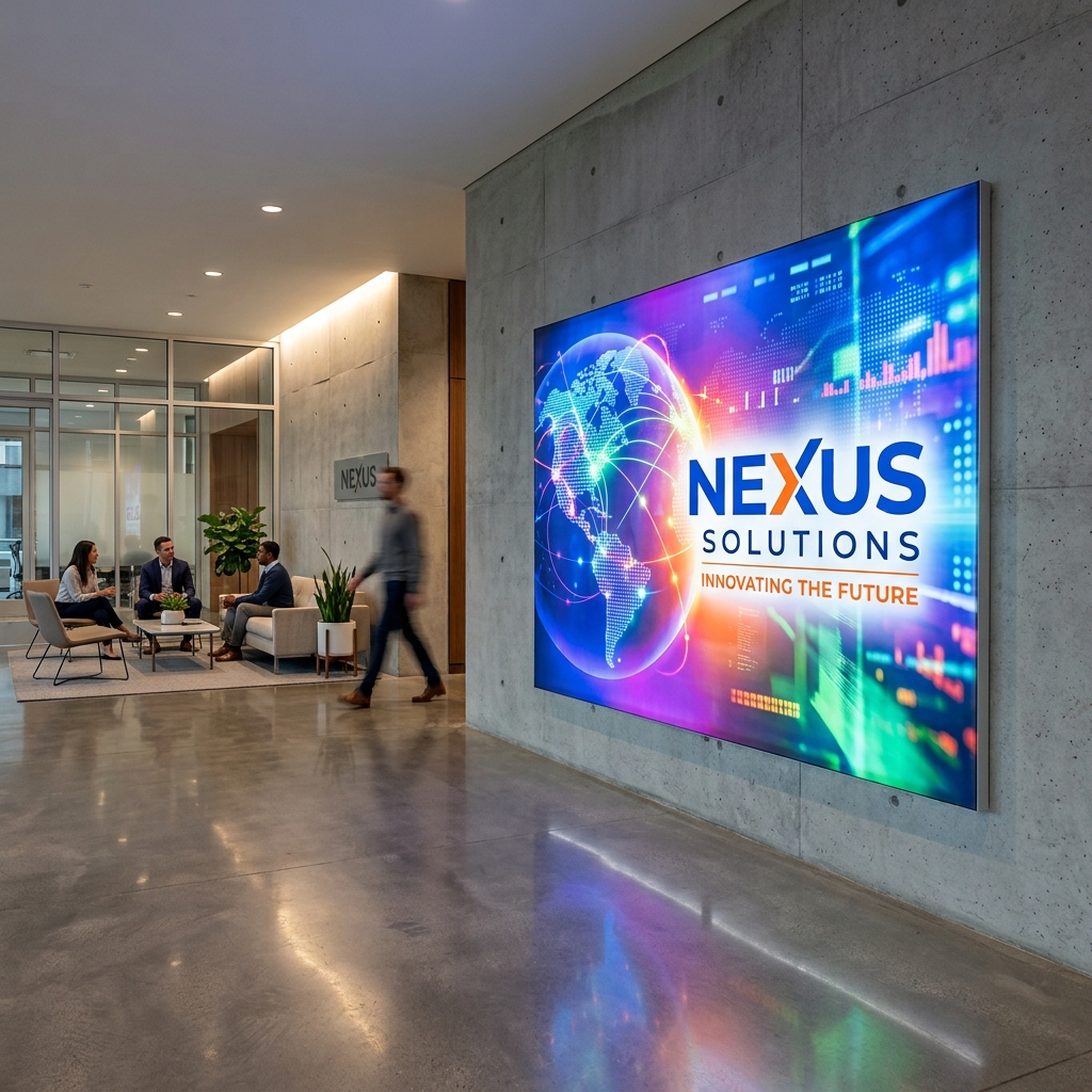 camera clicked ultra slim SEG silicone edge fabric LED backlit lightbox mounted on modern corporate interior wall