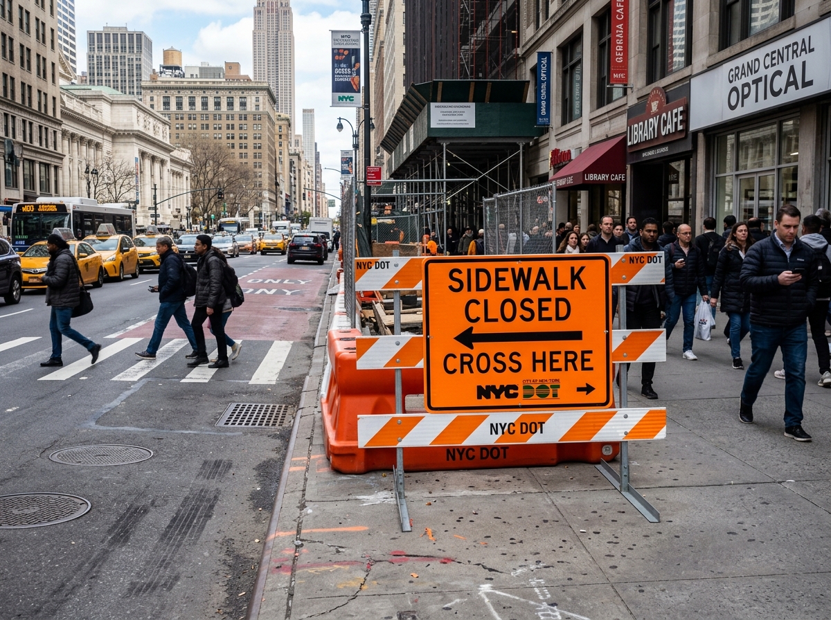 Camera photograph of reflective orange and white NYC DOT sidewalk closed construction sign on barricade