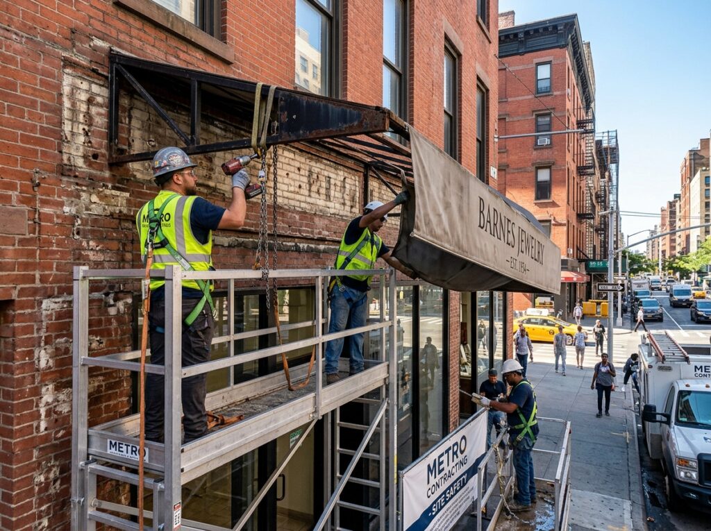 Storefront sign removal and awning removal building facade repair