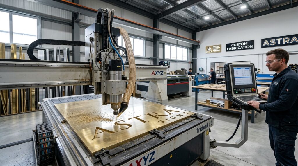High-tech CNC routing table machining dimensional brass letters in Brooklyn workshop
