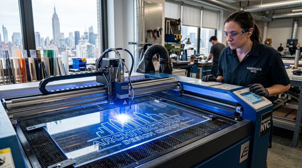 Precision laser cutting machine crafting custom acrylic logo signage