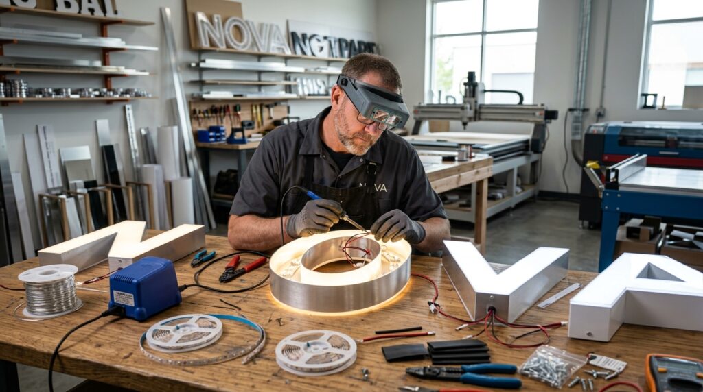 Master sign technician assembling illuminated LED channel letters in NYC facility