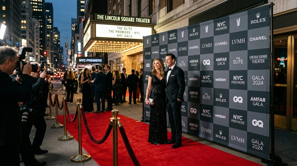 Luxury step and repeat backdrop banner with crisp sponsor logo grid pattern on matte anti-glare fabric