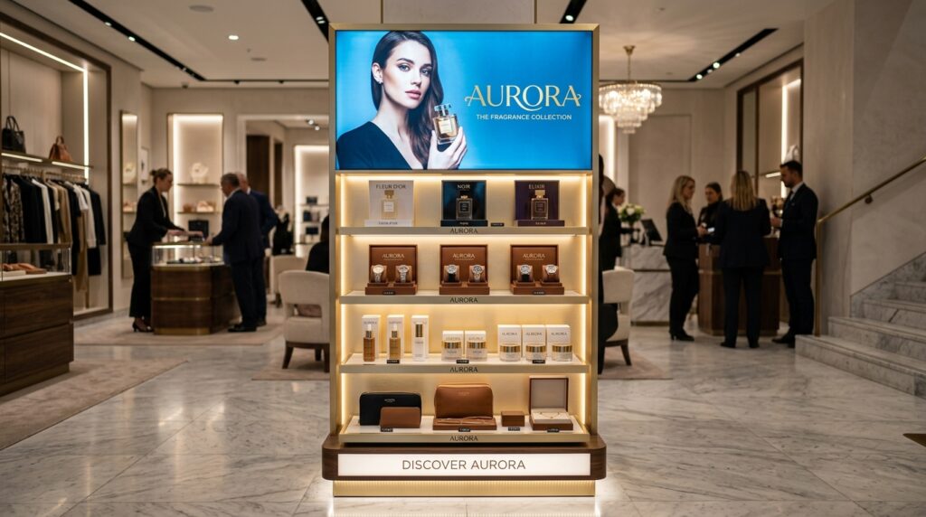High-end retail point of purchase display stand with illuminated SEG fabric graphic header in boutique
