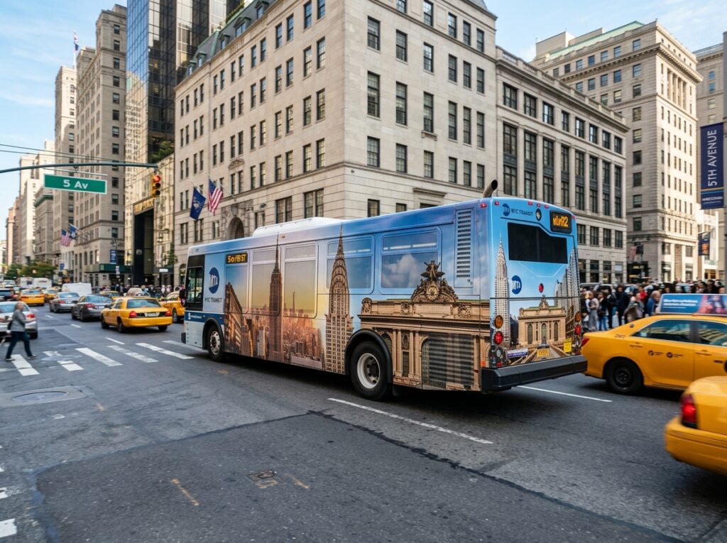 Commercial transit shuttle bus with full vinyl wrap and perforated window film driving in Manhattan