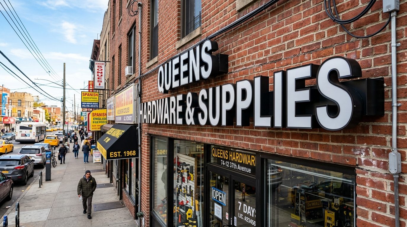 Open-face vintage neon channel letters with exposed glass tubing on brick wall in Williamsburg Brooklyn