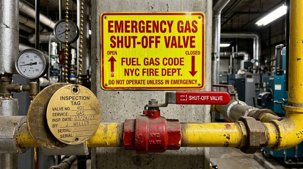 NYC Fuel Gas Code emergency gas shut-off valve sign with stamped brass inspection tags