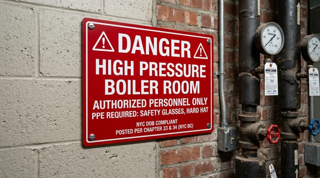 Official NYC DOB compliant Danger High Pressure Boiler Room sign in mechanical room with steam pipes