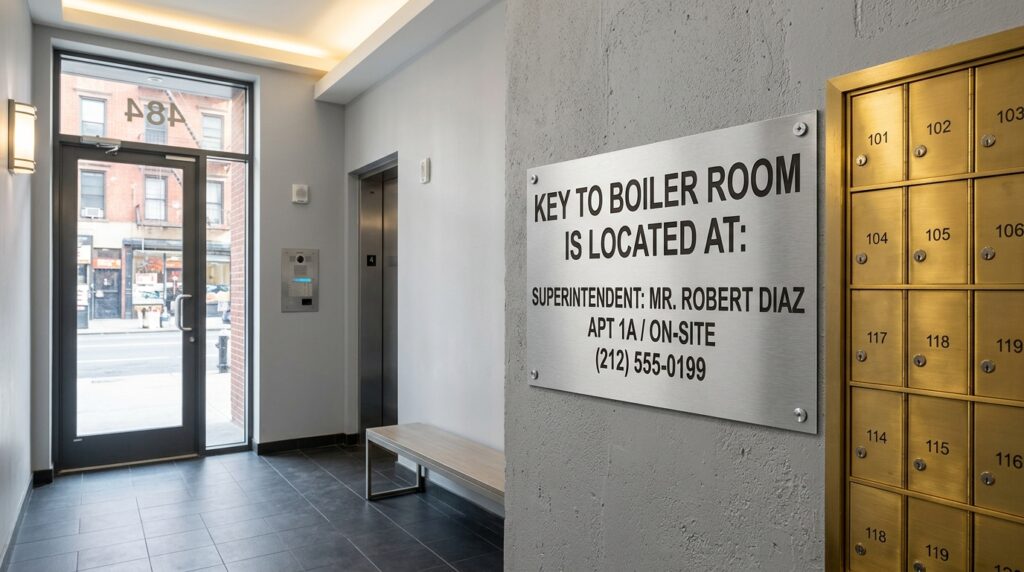 Official NYC HPD key to boiler room is located at superintendent notice sign in apartment building lobby